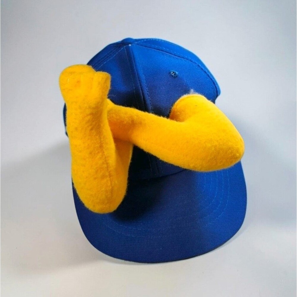 Vintage Novelty Get Bent Gesture Hat Blue Yellow Plush Arm Funny Gag Gift Cap